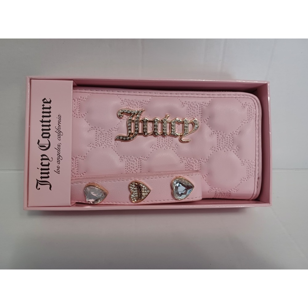 Juicy Couture Zip Around Wallet In Gift Box Lipstick Red with Hearts Gold Logo